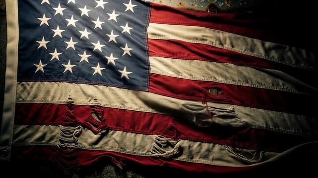 A tattered and worn American flag draped over a surface, symbolizing patriotism and history with visible fraying and creases