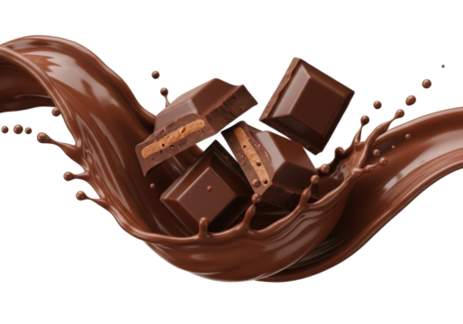 Dark chocolate bar pieces, broken with lighter brown filling, mid-splash in a glossy melted brown chocolate wave with droplets, transparent background. Concept of premium indulgence