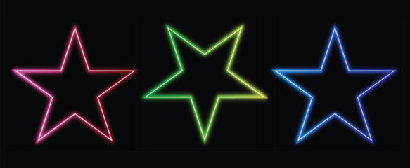 Three vibrant neon star outlines against a dark background for modern design