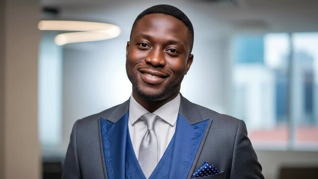 Confident businessman in modern office with engaging smile and professional attire