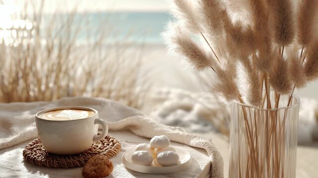 Morning coffee latte art bliss with ocean views, serene relaxed beach vibes for your soul, 4K