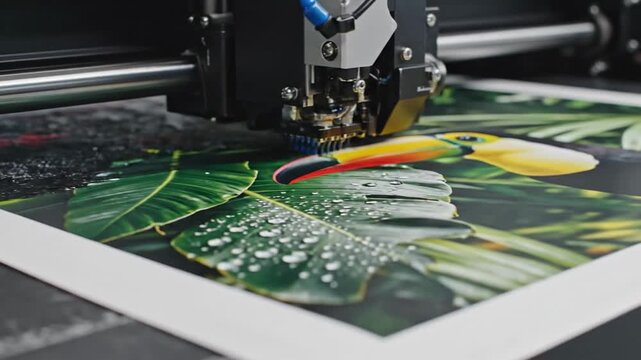 Close-up of a large format printer printing colorful abstract art on paper.