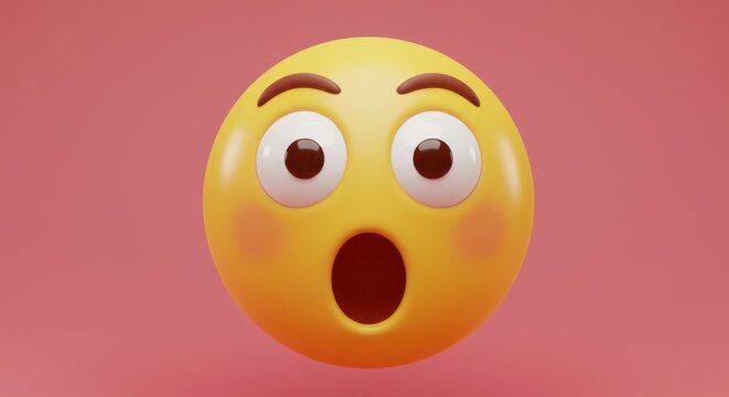 3D rendering of a surprised emoji with big eyes and open mouth expression