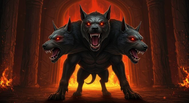 A Ferocious Three-Headed Cerberus Guarding the Gates of the Underworld Depicted in Vivid Detail - Powered by Adobe