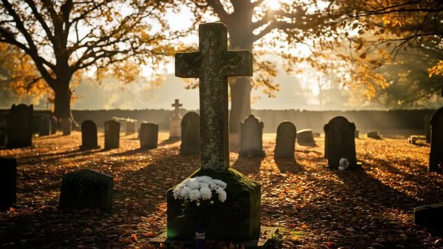 Serene cemetery scene during sunset with ancient crosses and tombstones surrounded by autumn trees and fallen leaves