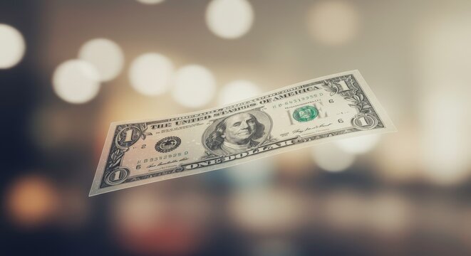 An atmospheric photograph of a floating one dollar bill with blurred lights in the background
