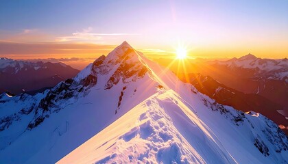 A breathtaking sunrise illuminates a snow-covered mountain ridge, casting long shadows and highlighting the rugged beauty of the alpine landscape.