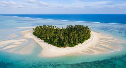 Tropical heart island, palm trees, white sand, clear blue sea
