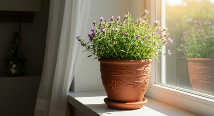 Fototapeta premium Blooming lavender in a terracotta pot on a sunlit windowsill creating a serene indoor garden