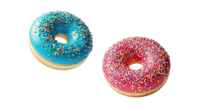 Two donuts: one blue with colorful sprinkles, one pink with sparkling sprinkles, floating on an infinite white studio background, commercial food photography, concept of sweetness and delight