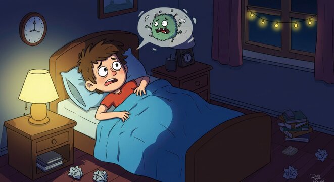 Cartoon illustration of a scared boy in bed having nightmares about germs