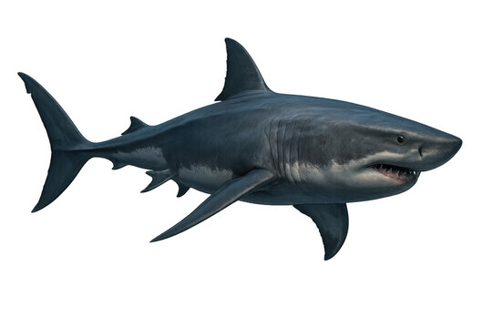 Great white shark swimming, powerful ocean predator showing teeth, dangerous marine animal on transparent background - Powered by Adobe