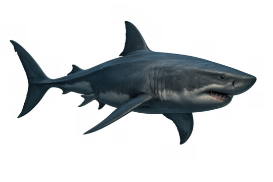 Great white shark swimming, powerful ocean predator showing teeth, dangerous marine animal on transparent background
