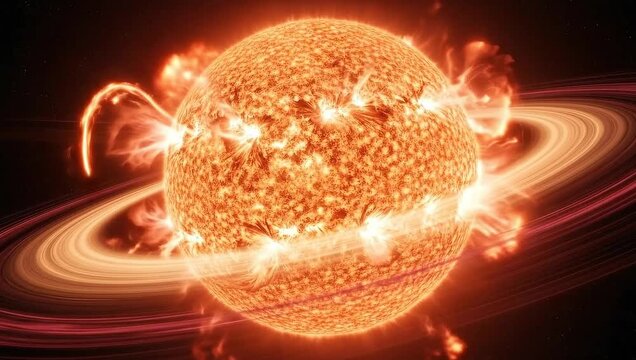Fiery Sun with Rings - A Cosmic Dance of Energy and Light.