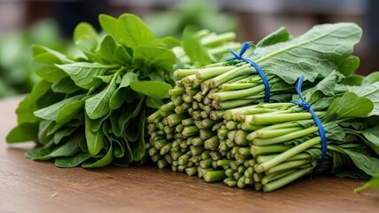 Fresh spinach bunches on wooden table with falling leaf movement in natural light