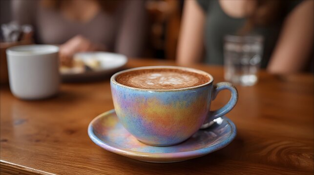 A colorful ceramic coffee cup with latte art sits on a wooden table in a cafe