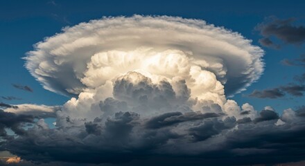 Dramatic cumulonimbus cloud formation against a blue sky symbolizing powerful weather systems and