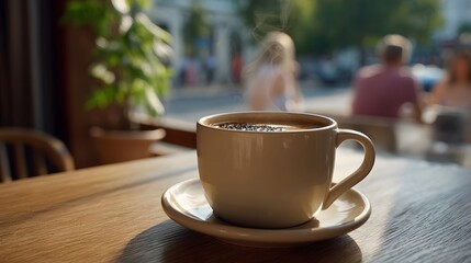 A steaming cup of hot coffee sits on a wooden table in a sunlit cafe with blurred people in the background enjoying their day