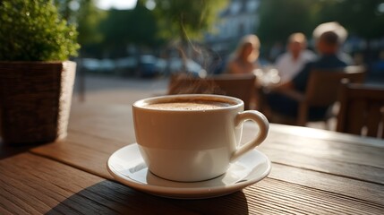 Steaming coffee cup on a rustic wooden table at an outdoor cafe during golden hour with people socializing in the background