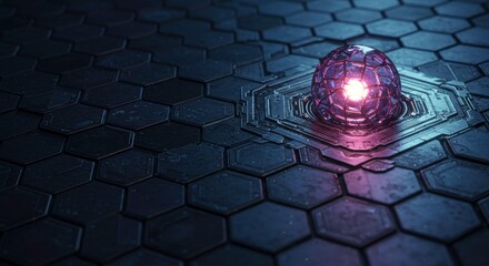 Futuristic glowing orb on hexagonal platform creates a captivating tech vibe