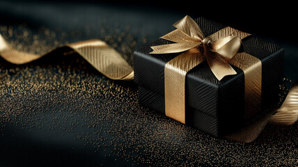 luxurious black gift box adorned with shimmering gold ribbon sits elegantly on dark surface, surrounded by scattered golden glitter, creating festive and sophisticated atmosphere