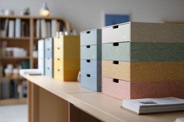 Stylish storage boxes in vibrant colors add charm and organizati