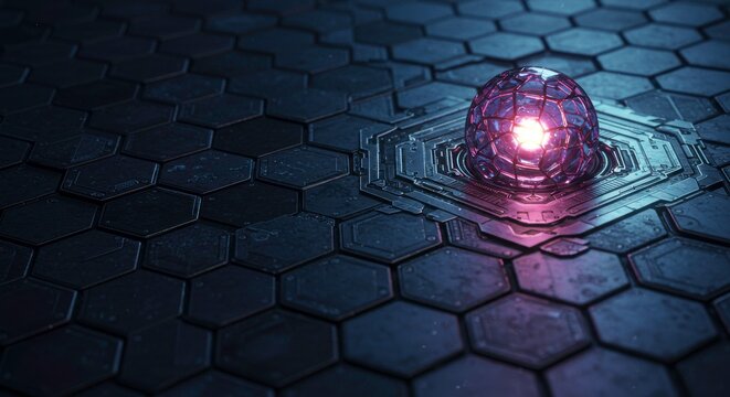 Futuristic glowing orb on hexagonal platform creates a captivating tech vibe