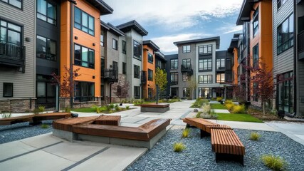 Modern apartment complex courtyard with landscaped benches and sunny sky, perfect for relaxation and community gatherings in an urban setting