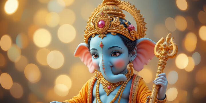 Colorful artistic depiction of a traditional deity statue with ornate golden accessories and warm glowing bokeh lights creating spiritual cultural ambiance and detailed handcrafted style
 - Powered by Adobe