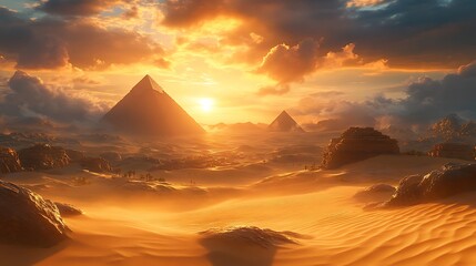 Golden Sunset Over Ancient Egyptian Pyramids in Desert with with Dramatic Clouds.