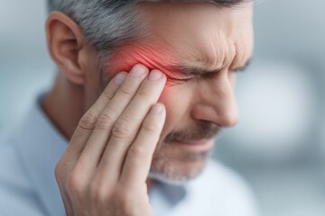 Fototapeta premium Man experiencing intense pain, hand on face, highlighting discom