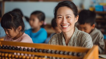 Portrait of happy Asian female teacher smiling in math abacus classroom
