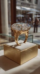 Oversized, gaudy ring on display inside, gold band, clear stone