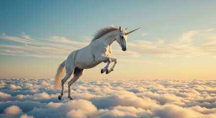 Fototapeta premium Majestic unicorn leaps above a sea of fluffy clouds at sunset embodying freedom