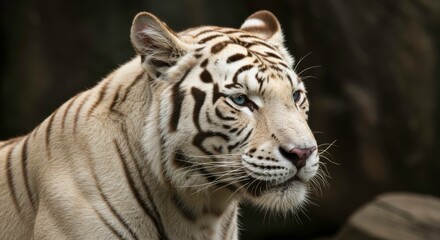 Fototapeta premium Majestic White Tiger Portrait: Striking Gaze in Dark Backdrop Captivating Wildlife Beauty