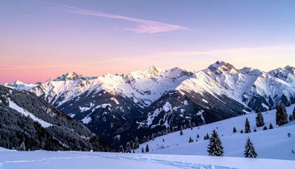A panoramic view of a majestic snow-covered mountain range at sunrise, with pine trees scattered across the slopes and a soft pink and blue sky above.