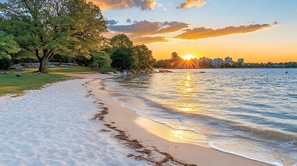 Golden Sunset Over Beach  Bay with Coastal Scenery with Sunbeams and Trees, and Relaxing.