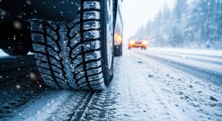 Close up of car tire on snowy road with car in the background