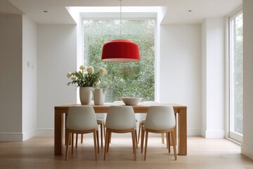 Bright dining area featuring natural light, wooden table, and vi