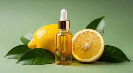 Lemon essential oil in bottle with fresh lemon and leaves on green