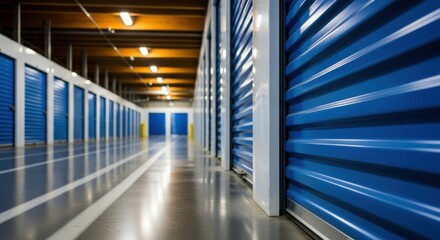 Blue self storage units in a long hallway with a concrete floor