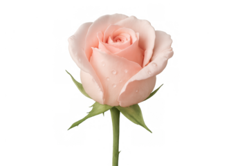Pink rose bud with dew drops on petals, symbolizing love, beauty, and tenderness on transparent background