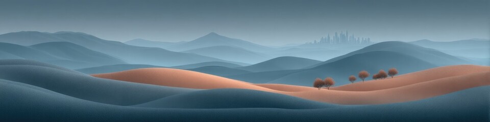 Desert landscape showcases soft, flowing dunes under serene twil