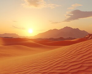 Golden Sunset over Desert Sand Dunes with Mountains, and and Warm Sky Scenery.