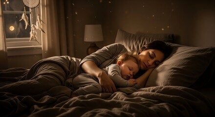 Mother and Child Sleeping Peacefully in Cozy Bedroom at Night with Soft Lighting