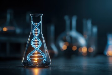 Luminous blue DNA helix suspended in a clear glass beaker with a dark background revealing glowing lab equipment