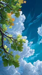 Bright Green Tree Branch with Leaves Against Dramatic Blue Sky and Fluffy Clouds in Nature Scene