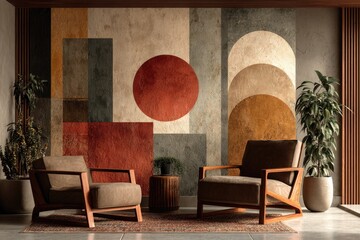 Warm and inviting interior with geometric wall art, earthy tones