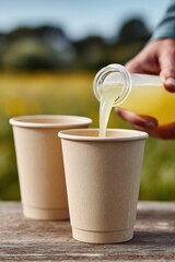 Refreshing drink being poured into eco-friendly cups, set agains