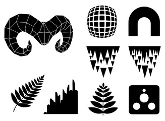 Various Black and White Geometric Shapes Featuring Animal Horns, Sphere, and Botanical Elements